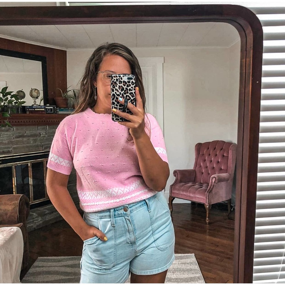 VINTAGE 90's Women's Small Textured Chunky Knit Crew Neck Short Sleeved Sweater